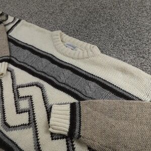 VT Geometric Sweater Mens XL Beige Gray Cable Knit Wool Pullover Crewneck 90s